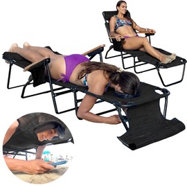 EASYGO PRODUCTS FLIP Face Down Tanning Chaise Lounge Chair with Face & Arm Holes-4 Legs Support-Textilene Material-6 Position-Arm Head Rest Pillow-Beach or Home Use-PATENTS Pending, Black