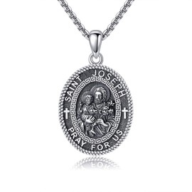HKPATOP St Joseph Medal Necklace 925 Sterling Silver Saint Joseph Pendant Necklace Religious Protector Necklace Catholic Jewelry Gift for Women Men