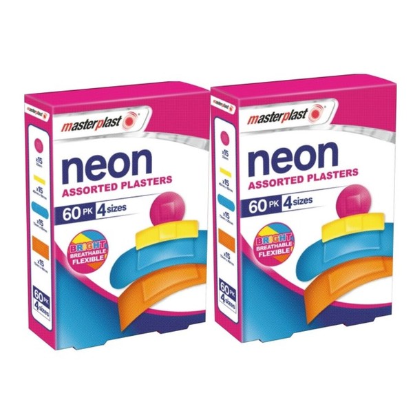 2x60 Masterplast Neon Assorted Plasters, 4 Sizes – Bundled by