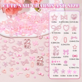 3D Assorted Chunky Nail Charms and Gems Kit, Pearls Bows Heart Star Cute 3D Flowers Rose Bear Macaron Round Beads Embellishments for Nail Art, Craft with Tweezer and Pickup Brush (6-20 Grids-Pink)