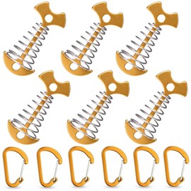 Anchor Pegs Wood Deck Pegs Camping Tent Aluminum Fish Bone Pegs with Carabiner Adjustable Fishbone Clasp Easy Installation Portable Convenient for Outdoor Camping Hiking (Set of 6)