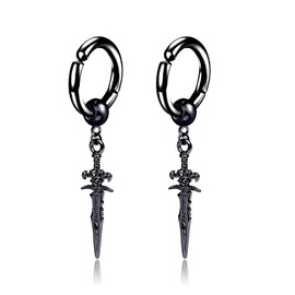 Punk Sword Dagger Non-piercing Clip on Dangle Drop Small Hoop Earrings for Men Women Gothic Fake Pierced Kpop Religious Christian Hypoallergenic Stainless Steel Hanging Cool Birthday Bff Gift (Black)