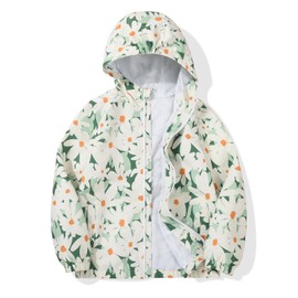 JOYSON Girls Rain Jacket Lightweight Windbreaker Jacket Kids Waterproof Outerwear Raincoat with Hood Green Flower Print 12-14 Years