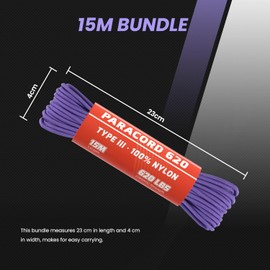 Abma Cord Paracord 4mm 15m 100% Nylon Rope 9 Strands Type III Parachute Cord for DIY, Camping, Survival, Outdoor - Max. 280kg - Purple