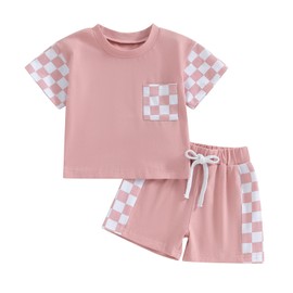 Fernvia Toddler Baby Girl Summer Clothes 3 6 9 12 18 24 Months Cotton Outfits Short Sleeve Contrast T-Shirts Tops Shorts Sets (B-Pink, 12-18 Months)