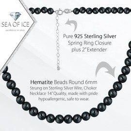 SEA OF ICE Precious Hematite Gemstone 6mm Round Beads Necklace -14" Plus 2" Extender with Sterling Silver Spring Ring Clasp - Necklaces for Everyday Wear