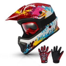 TCMT Dot Youth Kids ATV Motorcycle Helmets Full-Face Helmet with Adjustable Chin Strap for Boys and Girls Kids Dirt Bike BMX Cycling w/Goggles+Gloves Paintball-L