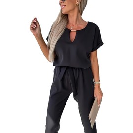 amropi Jumpsuit Women's Elegant Short Sleeve Playsuit V-Neck Casual Loose Overalls Long Romper, black