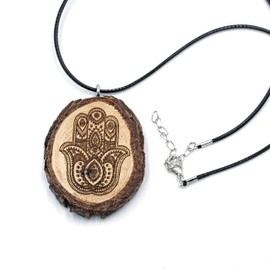 Natural Wood Pendant with Hand of Fatima/ALO Hamsa/Khamsa Miriam Hand, Wood