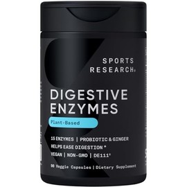 Sports Research Digestive Enzymes with Probiotics & Ginger - Plant Based for Dairy, Protein, Sugar & Carbs - Non-GMO Verified & Vegan Friendly (90 Veggie Capsules)