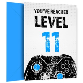 Gamer 11th Birthday Card for Boy - Black & Blue Reached Level 11 Bday Card for Son, Great Grandson, Nephew or Brother. Gaming Happy Birthday Card for 11