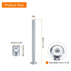 sourcing map 4Pcs Hex Socket Head Screws Bolts Barrel Nuts, M6 x 80mm Socket Furniture Bed Bolt Barrel Nuts with Wrench for Chairs Cots, Silver