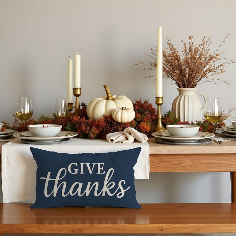 Decorative Throw Pillow Cover 12x20 Inch Give Thanks, Navy Blue