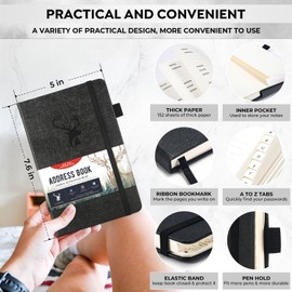 Address Book with Alphabetical Tabs，Hardcover Small Passwordbook，Phone Book Contact Book Large Print for Phone Numbers，Internet Website Logins，Address Books for Seniors 5"*7.6"-Black