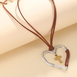 Hollow Heart Cross Pendant Necklace Leather Chain Jewelry Vintage Choker Silver Tone Necklace for Women Hollow Heart Necklaces for Women, alloy