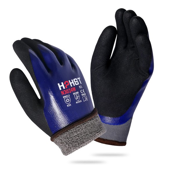 [HPHST] Winter Waterproof Work Gloves, Work Safety Construction Gloves, Heavy Oil Resistant Gardening Gloves, Nitrile Coating, Unisex Blue 1 Pair (Warming, Medium)