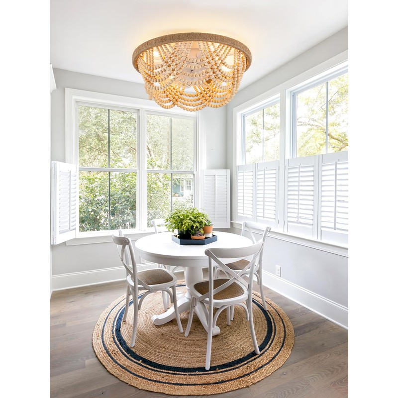 20" Boho Ceiling Fan with Light, Wood Beads Flush Mount