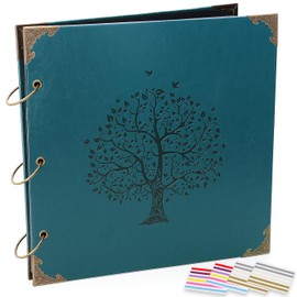 ADVcer Photo Album DIY Scrapbook - 12x12 inch 50 Pages Vintage Leather Cover Three-Ring Binder Family Picture Booth Albums with 408pcs Self Adhesive Photos Corners for Memory Keep, Tree (Jasper Green)