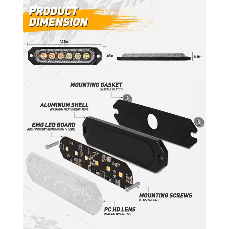 HLauto 406T Emergency Strobe Grille Lights: 4Pcs 6 LED Sync