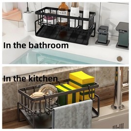 Stainless Steel Upgraded Thickened Washstand Storage Rack - Kitchen Sponge Rack with Hanging Rod for Cloths and Sink Cover Drainage Rack Organiser Black drainer dish:_black