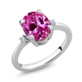 Gem Stone King 3.29 Cttw Pink Created Sapphire and White Topaz Ring For Women | 925 Sterling Silver | Oval 10X8MM | Gemstone Birthstone | Available In Size 5, 6, 7, 8, 9