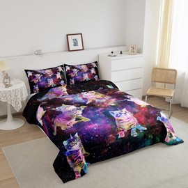 Galaxy Unicorn Comforter Set Kids Cute Unicorn Cats Bedding Set for Boys Girls Fairy Cartoon Animal Comforter Stars Rainbow Cats Decor Quilt Set Room Decor 3Pcs Full Size