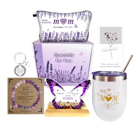 WOSHIDEFA Gifts for Mum - Mum Birthday Gifts - Mothers Day Gift, Gift for Mother from Daughter Son Christmas - Best Present for Mom with Tumbler, Makeup Bag, Butterfly Decor Purple