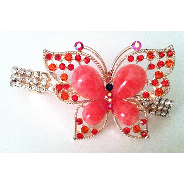 Bridal Hair Accessory Butterfly design hair clip Barrette style, Red with diamond and crystal accents