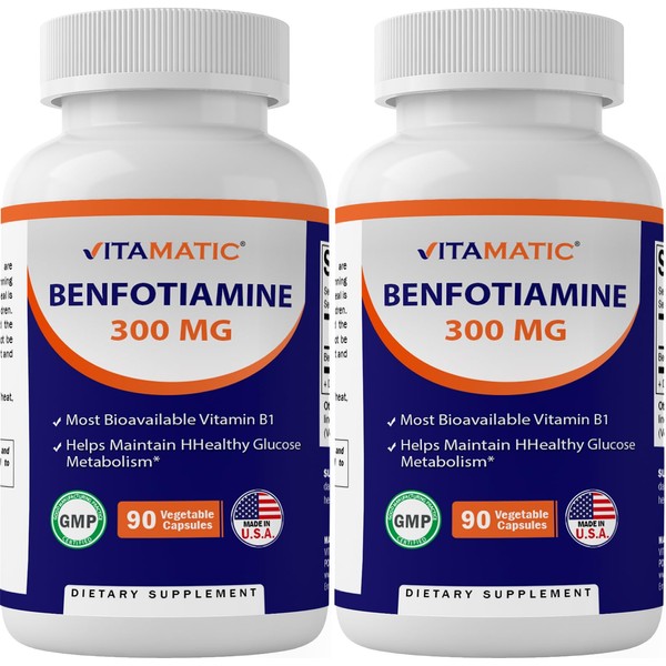 Vitamatic Benfotiamine 300 mg 90 Vegetarian Capsules - Also Called Fat Soluble Vitamin B1 (90 Count (Pack of 1)) (2 Bottles)