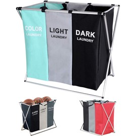 135L Laundry Cloth Hamper Sorter Basket Bin Foldable 3 Sections with Aluminum Frame 26''×24''H Washing Storage Dirty Clothes Bag for Bathroom Bedroom Home Storage basket(3 Liner) (Green+Grey+Black)