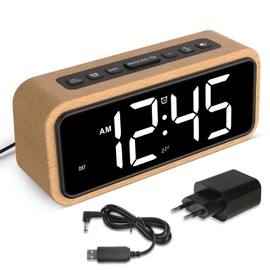 Alarm Clock Loud for Deep Sleepers, Wooden Alarm Clock with LED Display, 12 Alarm Ringtones, 5 Brightness Adjustable, 5 Volumes, Manual DST, Brown Retro Alarm Clock for Bedroom (Beech White)