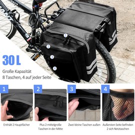 Tyuodna Bicycle Pannier Rack, Bicycle Bags Rear Pannier Rack, Waterproof, 30 L Bicycle Bags for Pannier Rack, Double, Saddle Bags for Bicycle with Fluorescent Stripes (Black)