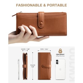 Vulkitty Wallet for Women Large Capacity Long Ladies Purse Leather RFID Blocking with Coins Zipper Pocket Phone Compartment and Card Slots (Brown)
