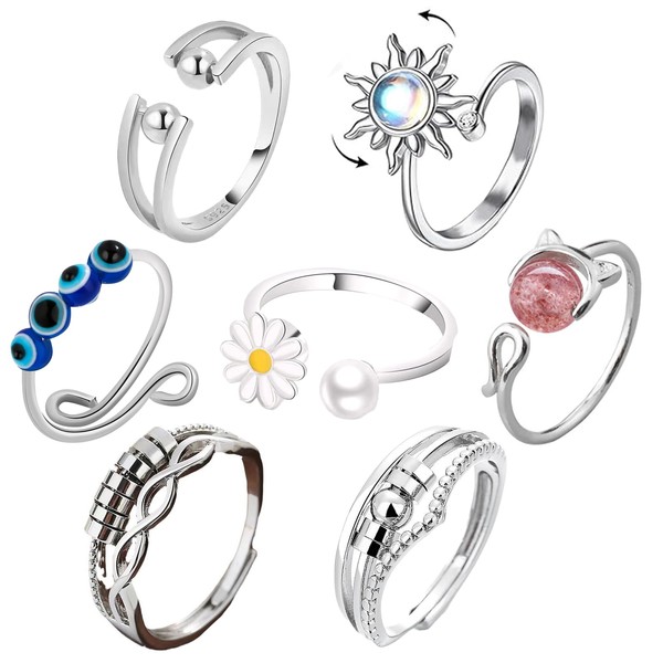 XdealCozyxc 7 Pcs Fidget Rings for Anxiety Women, Adjustable Open