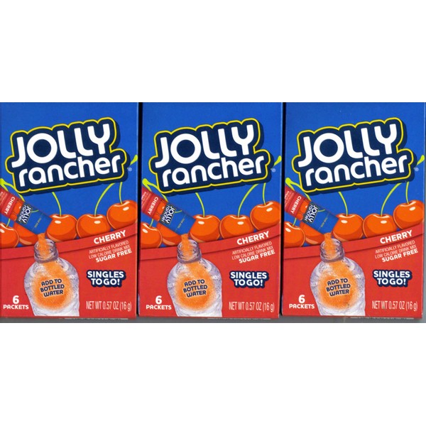 Jolly Rancher CHERRY Singles to Go 3 Boxes of 6 Packets Each