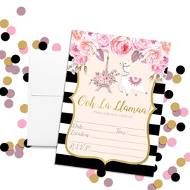 Ooh La Llama Watercolor Floral Llama in Paris Birthday Party Invitations, 20 5"x7" Fill In Cards with Twenty White Envelopes by AmandaCreation