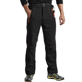 TBMPOY Men's Work Hiking Pants Softshell Waterproof Fleece Lined Insulated Athletic Mountain Pants with Belt (Black US S)