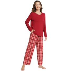 NACHILA Women's Pajamas Set-Viscose Made from Bamboo, Long Sleeve Sleepwear Top with Pants Comfy Pajama Soft 2 Piece Pjs Wine Red M
