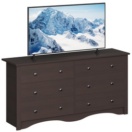 Furmax 6 Wood Drawers Dresser for Bedroom, Double Dresser for TV up to 65 inch, TV Stand Storage Chest of Drawers for Living Room Hallway Entryway (Brown)