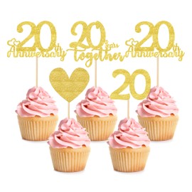 24 Pcs 20th Wedding Anniversary Cupcake Toppers Gold Glitter 20th Golden Wedding Anniversary Decoration for Celebration 20 Golden Wedding Party Supplies Heart Cupcake Twenty