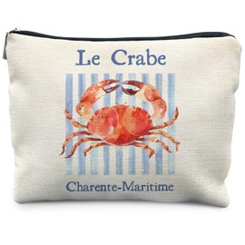 RYYCDOI Vintage Crab Beach Makeup Bag, Crab Lovers Gifts Cosmetic Bags for Women, Gifts for Beach Ocean Lovers, Retro Blue Stripes Seafood Aesthetic Zipper Makeup Pouch