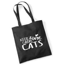 Huuraa Jute Bag Keep Calm and Love Cats Bag Cotton 10 Litres Size with Motif for All Cats Love Gift Idea for Friends and Family, black