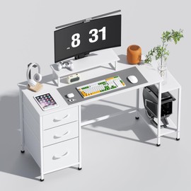 COOLBEBE Small Computer Desk, 47" Office Computer Table Writing Desk with Monitor Stand & Storage Sheves, Study Work Home Gaming Desk with Drawers (White