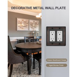 ZILLSEA 2-Pack Double Decorator Outlet Covers, Aged Bronze Classic Beadboard Wall Plates, Metal Electrical Outlet Cover Plates for Receptacle, Dimmer Switch, GFCI, 4.96''*4.88'', Midsize