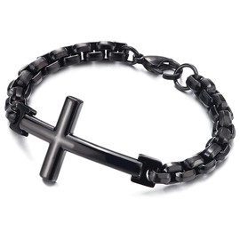 Mens Womens Shinny Black Stainless Steel Horizontal Sideway Lateral Cross Link Chain Bangle Bracelet(CA)