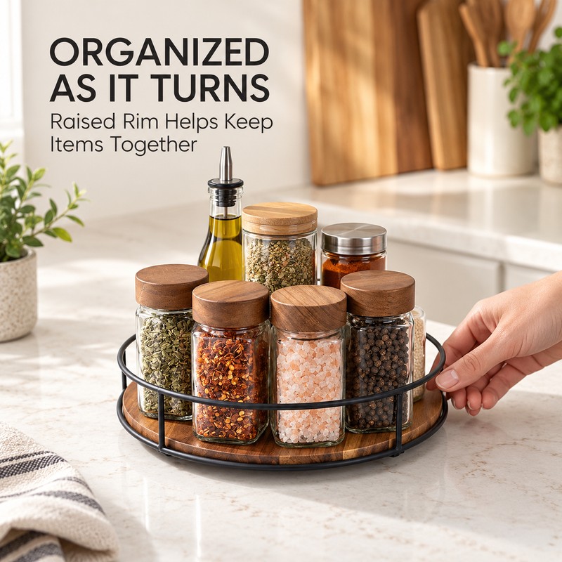Acacia Wood Lazy Susan Turntable, 360° Rotating Kitchen Countertop Organizer
