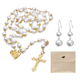 NYGGTYK 1 cross bead necklace, 1 pair of pearl earrings, 1 piece jewellery bag Catholic rosary jewellery set, vintage cross rosary decoration., One size