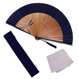 Osaka Choseido Folding Fan, Men's, Stylish, Business, Folding Bag, Handkerchief Included, Stylish Pente, Dragonfly, navy