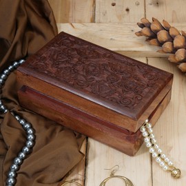 Ajuny Hand Carved Wooden Decorative Treasure Chest Box - Multipurpose Use Jewelry Storage Case Organizer Keepsake Watch Box Great for Gifts - Brown, 8X5 Inch