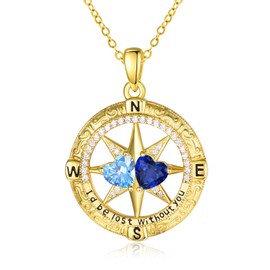 Compass Necklace for Her Anniversary Year Gifts Sterling Silver Compass Pendant 14k Gold Plated Aquamarine Sapphire Jewelry March September Birthstone I'd be Lost without You Jewelry Gifts